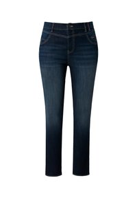 Tmavě modré džíny z denimu s rovného střihu, se vystuženým pasem a předními kapsami. Kontrastní prošívání podél švů.