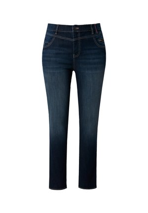 Jean en denim bleu foncé avec une coupe droite, doté d'une taille ajustée et de poches avant. Couture contrast�ée le long des coutures.