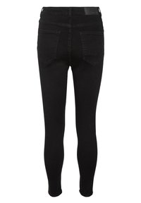 Črne skinny jeans hlače z visokim pasom, ki imajo dve zadnji žepi in gladko, raztegljivo teksturo za udobje.