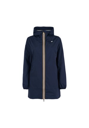 Giacca impermeabile blu navy con cappuccio, caratterizzata da una zip gialla e bianca e polsini elasticizzati. Tessuto leggero con silhouette dritta.