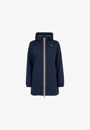 Giacca impermeabile blu navy con cappuccio, caratterizzata da una zip gialla e bianca e polsini elasticizzati. Tessuto leggero con silhouette dritta.
