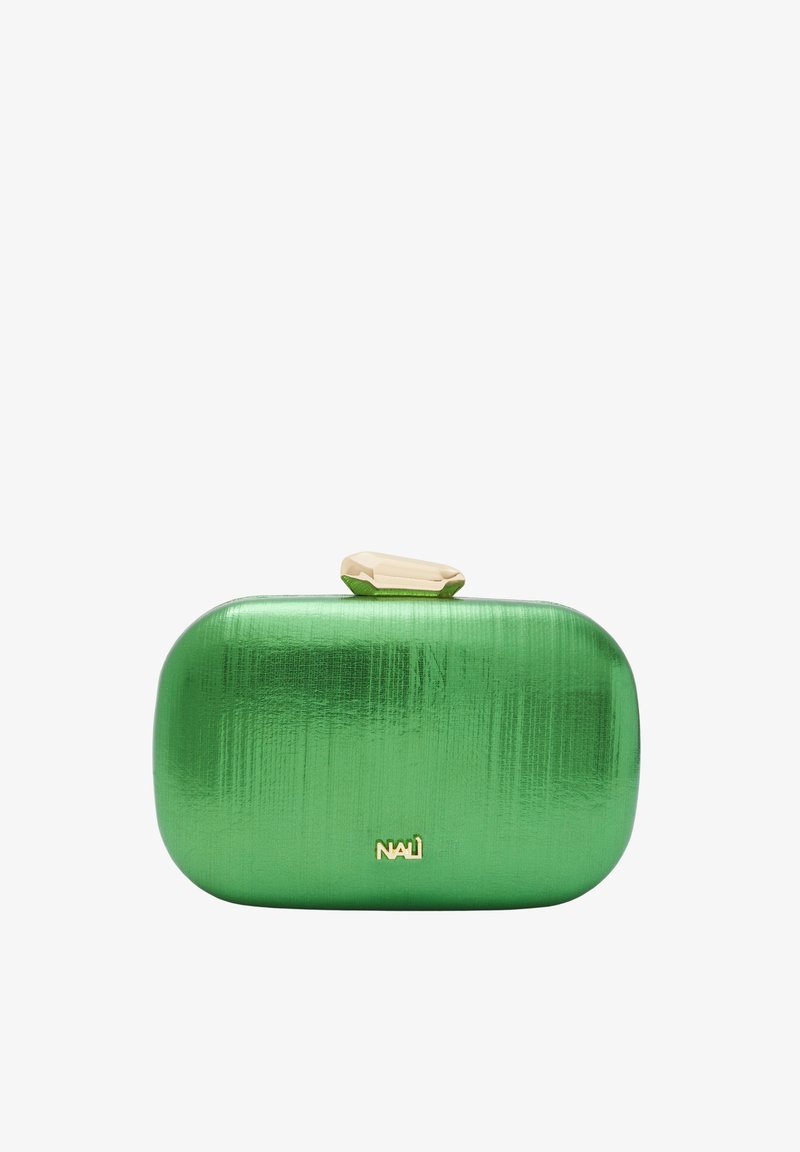Clutch verde metallizzato di forma rettangolare, con una finitura testurizzata, chiusura in hardware dorato e branding minimal sulla parte frontale.