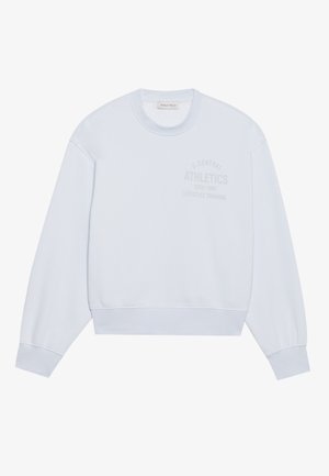 Light blue crewneck sweatshirt made of soft fabric, featuring a relaxed fit, ribbed cuffs, and subtle front graphic in a slightly darker shade.