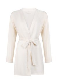 Light ivory kimono robe made of smooth fabric, featuring long sleeves, a V-neck, and a tied belt at the waist. Simple design, no patterns.