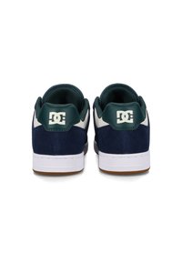 Navy suede sneakers with white accents and a green heel cup. Features a brown rubber sole and DC logo on the heel in white.