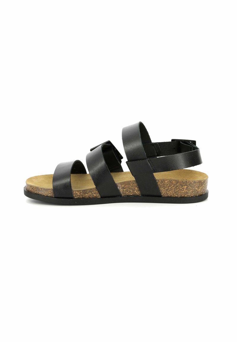Sandalias de cuero negro con múltiples correas, plantilla de corcho y suela de goma. Diseño plano con correas en el tobillo ajustables para un ajuste seguro.