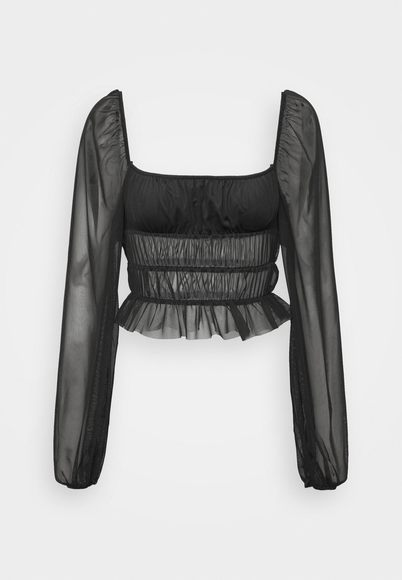 Crop top long transparent noir à manches longues avec manches bouffantes, corsage froncé, encolure carrée et ourlet volanté sur fond uni.