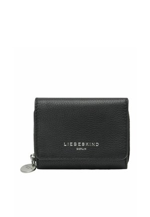Schwarze strukturierte Lederbrieftasche mit silbernem „Liebeskind Berlin“-Logo und einem Metallreißverschluss auf der linken Seite.