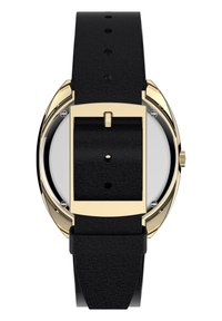 Schwarze Lederarmbanduhr mit einem Gehäuse in Goldton, ausgestattet mit einem schlichten, runden Zifferblatt und einem sicheren Schnallenverschluss. Glatte Oberfläche, minimale Details.