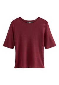 Bordeauxfarvet kortærmet ribstrikket top med rund halsudskæring. Stoffet har en subtil tekstur, og pasformen er afslappet og let cropped.