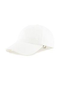 Gorra de béisbol blanca hecha de algodón con visera curva, que cuenta con un diseño de seis paneles y una correa ajustable en la parte posterior. Textura suave.