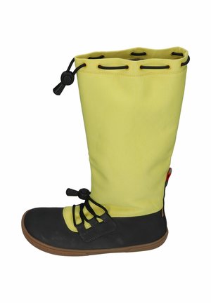Tall yellow and black waterproof boot with adjustable drawstrings at the top and front, brown sole, and rubber toe cap.