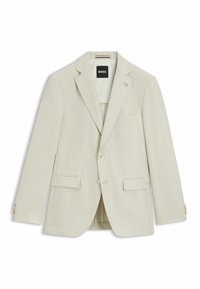 Helle beige Blazer mit kariertem Muster, einreihiger Knopfverschluss, Reverskragen, zwei Vorderaschen, dezentes Branding auf der Brust.