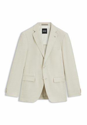 Lys beige blazer med ternet mønster, en række knapper, snitkraver, to forlommer, subtil branding på brystet.