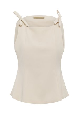 Beežist varrukateta top ruudukujulise kaelusega ja seotud õlapaeltega, veidi lehvikujulise äärega ja siledast kangast.