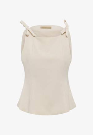 Beežist varrukateta top ruudukujulise kaelusega ja seotud õlapaeltega, veidi lehvikujulise äärega ja siledast kangast.