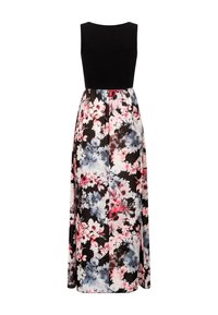 Robe maxi avec un haut noir et une jupe à motif floral comportant des fleurs bleues, roses et blanches sur un fond noir. Tissu lisse.