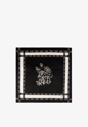 Zwarte sjaal met wit bloemmotief in het midden en het “BIZUU”-logo dat zich herhaalt langs de rand in een rechthoekig patroon.