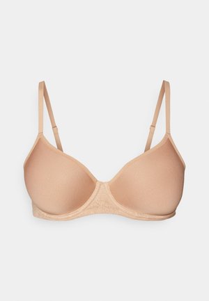 Nude push-up bra with smooth, molded cups and lace detailing at the band; adjustable straps and hook closure at the back.