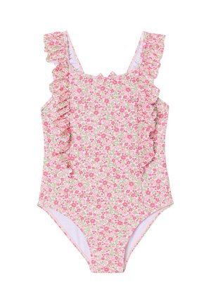 Einteiliger Badeanzug mit pinkem Blumenmuster, gerafften Schulterriemen und hoch ausgeschnittenen Beinausschnitten auf weißem Hintergrund.