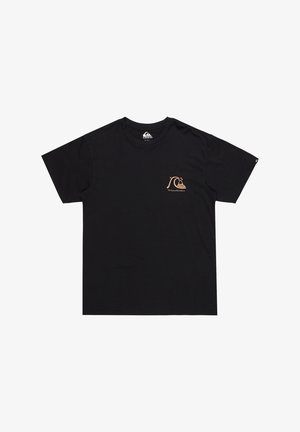 Black cotton t-shirt with short sleeves, featuring a small, simple orange wave logo and text on the left chest area.
