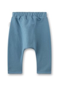 Blaue Baumwollhosen mit elastischem Bund; gekürzte Länge; weiche Textur; keine Muster oder Hardware; glatte Nähte.