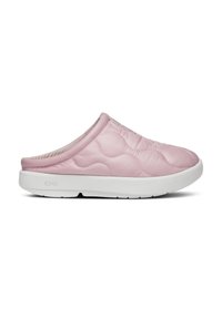 Zoccoli rosa trapuntati con tomaia in tessuto morbido, suola in gomma bianca a contrasto e texture a zig zag. Design slip-on senza lacci.