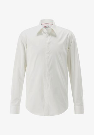 Weißes Langarmhemd aus glattem Stoff mit spitzem Kragen und Knopfleiste, mit abgerundetem Saum und geknöpften Manschetten.