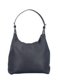 Sac à main en cuir bleu foncé avec une surface texturée, une forme arrondie, une seule sangle ajustable et une fermeture éclair sur le dessus.