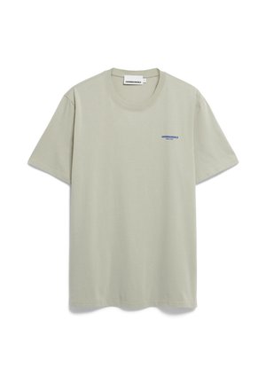 Hellgrünes Baumwoll-T-Shirt mit kurzen Ärmeln, rundem Ausschnitt und kleinem blauen Logo auf der linken Brust. Einfaches Design und weicher Stoff.