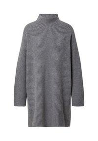Grauer, gerippter Rollkragenpullover mit langen Ärmeln, lässiger Schnitt und weicher Textur. Keine sichtbaren Verschlüsse oder Verzierungen.