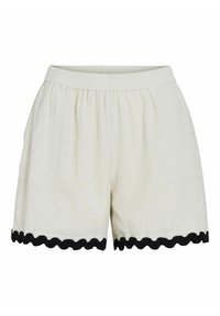 White shorts made of lightweight fabric, featuring a black scalloped trim at the hem and an elastic waistband for comfort.