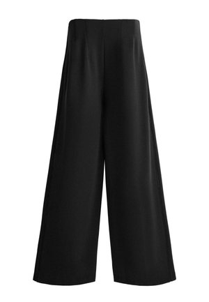 Schwarze, weit geschnittene Hose mit hoher Taille aus glattem Stoff und einer sauberen, maßgeschneiderten Verarbeitung.