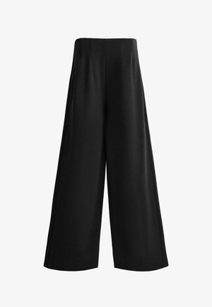 Schwarze, weit geschnittene Hose mit hoher Taille aus glattem Stoff und einer sauberen, maßgeschneiderten Verarbeitung.