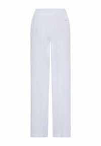 Pantalon en lin blanc au design simple, doté d'une taille élastique et d'une poche arrière unique, offrant une coupe ample.