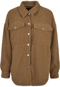Brun fuskjakke med tekstur, med krage, to frontlommer og sølvknapper foran.