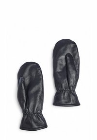 Črne usnjene rokavice z gladko teksturo, zaobljeno obliko in elastičnimi manšettami za varno prileganje. Brez vidnih vzorcev ali kovinskih detajlov.