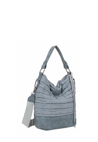 Sac à main en tissu gris matelassé avec base en daim doux, poignée courte, bandoulière ajustable et détail de cordon noué sur le côté.