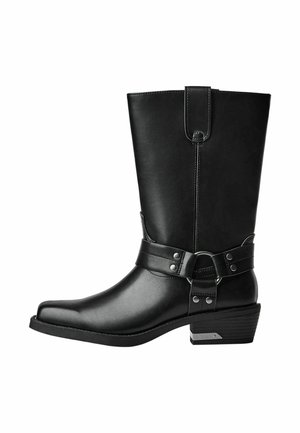 Black mid-calf leather cowboy boot with harness strap and silver rivet details, low stacked heel, and rounded toe.