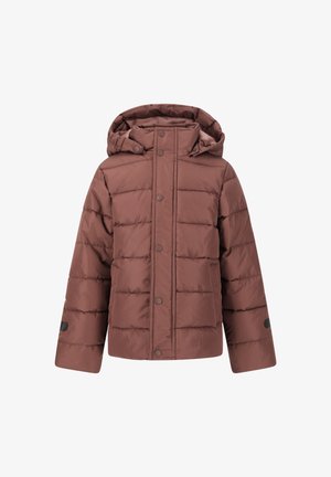 Braune gepolsterte Winterjacke mit Druckknöpfen vorne, seitlichen Taschen und einer abnehmbaren Kapuze.