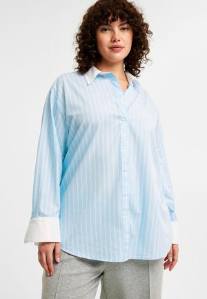 Light blue striped shirt with a button-down collar, long sleeves, white cuffs, and a relaxed fit. Made from a smooth fabric.