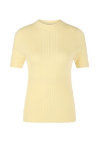 Yellow ribbed short-sleeve sweater with a round neckline, featuring a fitted silhouette and textured fabric for added detail.
