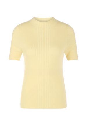 Yellow ribbed short-sleeve sweater with a round neckline, featuring a fitted silhouette and textured fabric for added detail.
