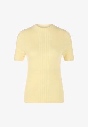 Yellow ribbed short-sleeve sweater with a round neckline, featuring a fitted silhouette and textured fabric for added detail.