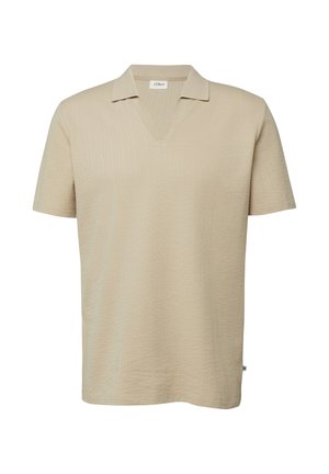 Beige polo met korte mouwen, gestructureerde stof en een V-hals.