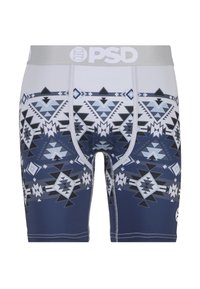 Boxer in blu navy con motivo geometrico in tonalità di blu e nero, dotati di una cintura elastica grigia con il logo "PSD".