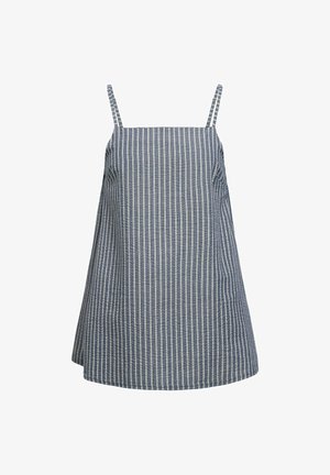 Kék-fehér függőleges csíkos ujjatlan felső vékony vállpántokkal és A-vonalú szabással.