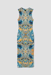 Figurformad, ärmlös midiklänning i ett livligt blått, orange och krämfärgat abstrakt mönster; slät textur med lätt stretch.