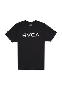 Zwarte katoenen t-shirt met een groot wit "RVCA" logo aan de voorkant. Korte mouwen, ronde hals en een standaard pasvorm.
