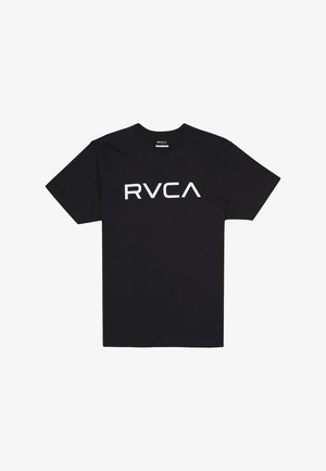 Black cotton t-shirt featuring a large white "RVCA" logo on the front. Short sleeves, round neck, and standard fit.